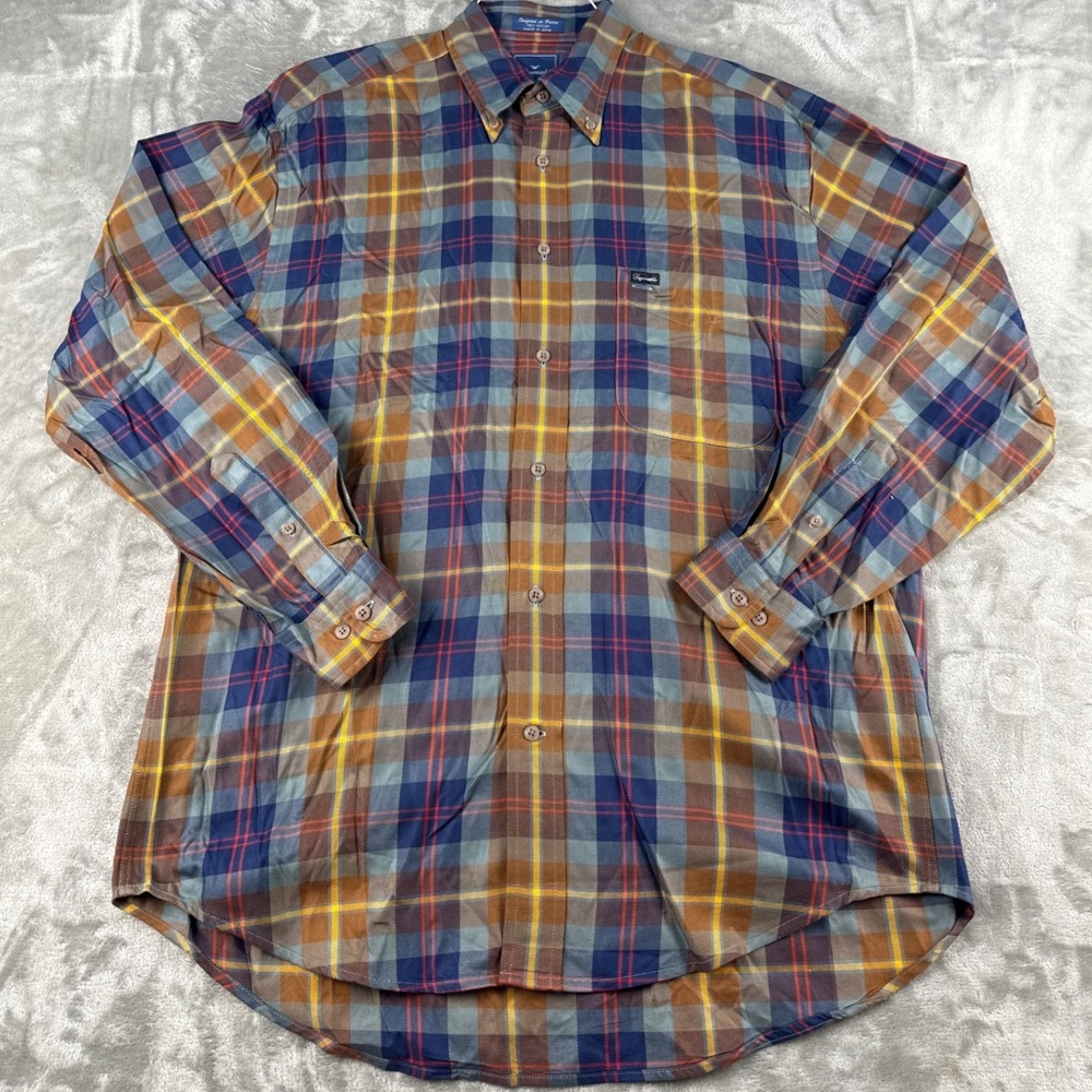 Faconnable Shirt Mens M Plaid Blue Brown Button-down Long Sleeve EUC